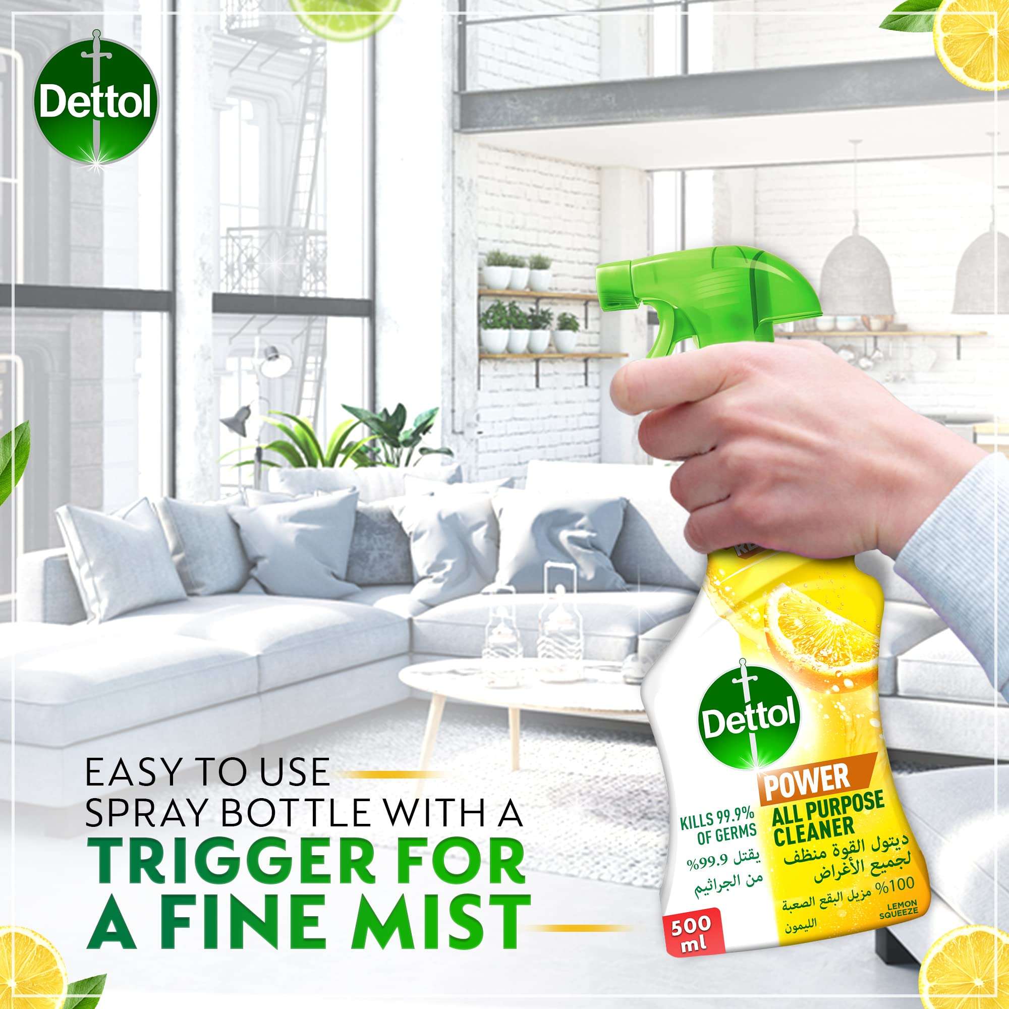 Dettol All Purpose Cleaner Spray Bottle, Lemon Scent, 500 ml