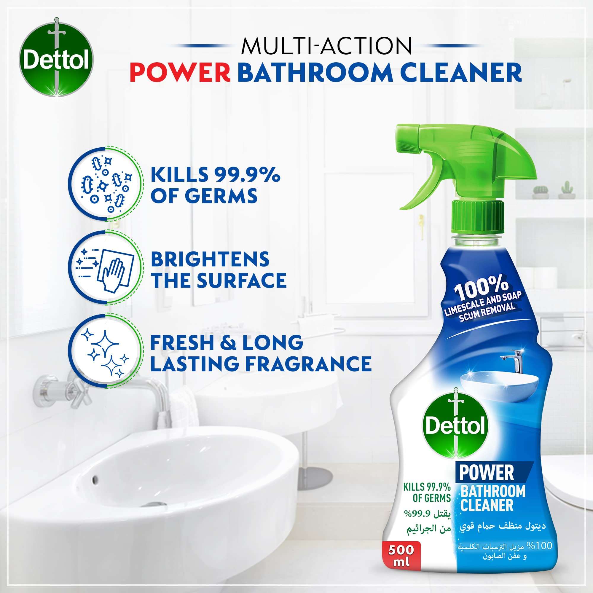 Dettol All Purpose Cleaner Spray Bottle, Lemon Scent & Dettol Original Bathroom Cleaner Spray Bottle, 500 ml x 2