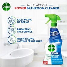 Dettol power bathroom cleaner spray bottle with green nozzle, blue label.