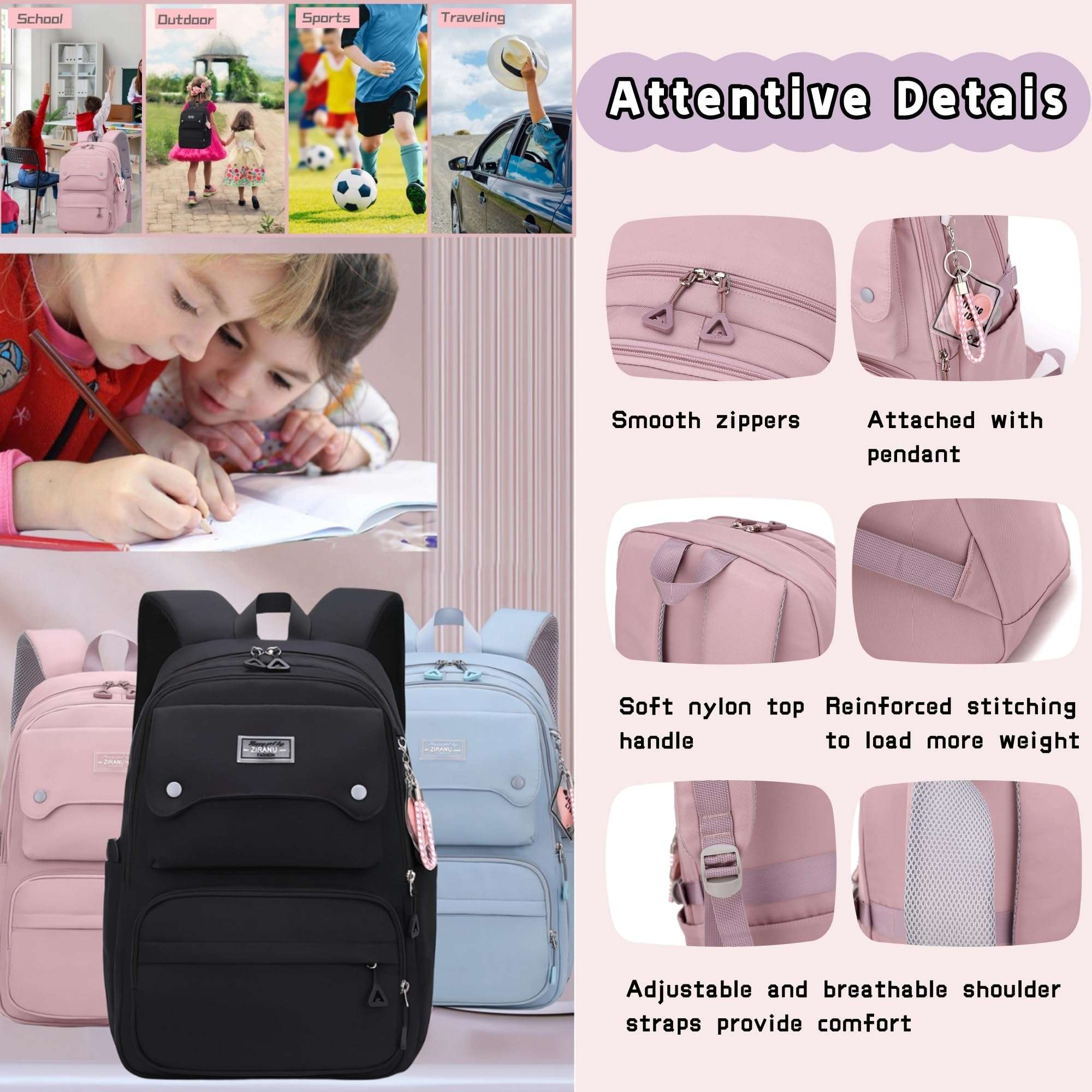Black Kids Backpack for Girls, Middle School Bag Teen Girls