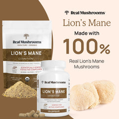 Real Mushrooms organic lions mane mushroom capsules bottle and powder pouch with fresh lion mane mushrooms