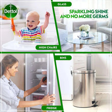 Dettol cleaning infographic showing home areas like high chairs, bins, and fridge.