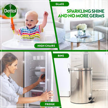 Dettol home cleaning infographic with green bottle icons for glass, bins, and fridge