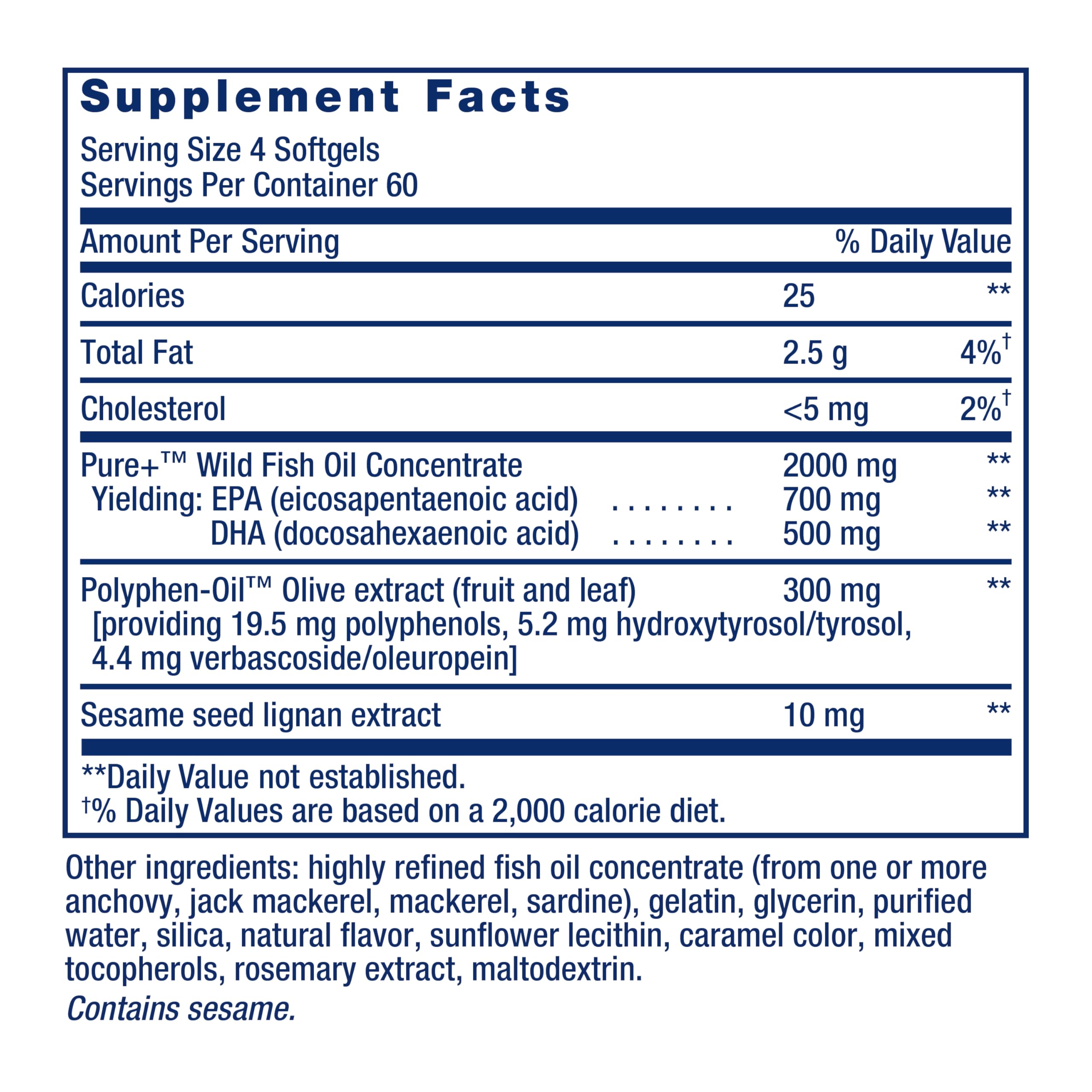 Life Extension Omega-3 fish oil supplement facts label showing 2000 mg fish oil per serving with 700 mg EPA and 500 mg DHA