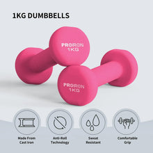Pair of pink neoprene 1 kg dumbbells with PROIRON branding on each round end.