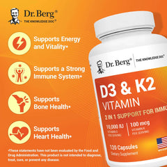 Dr Berg D3 K2 vitamin supplement UAE bottle with orange label showing supports energy immune bone and heart health