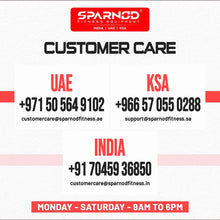 Sparnod treadmill customer care contact graphic with UAE, KSA, and India contact details