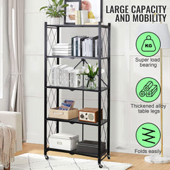 Foldable Storage Organizer 5 Tier, Storage Shelves Kitchen Cabinet Storage Rack, Shelf Storage Multipurpose Rack for Living Room Bedroom Kitchen Garage Black 71x34x175cm