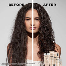 Split comparison of dark curly hair before and after, with curl spray bottles shown