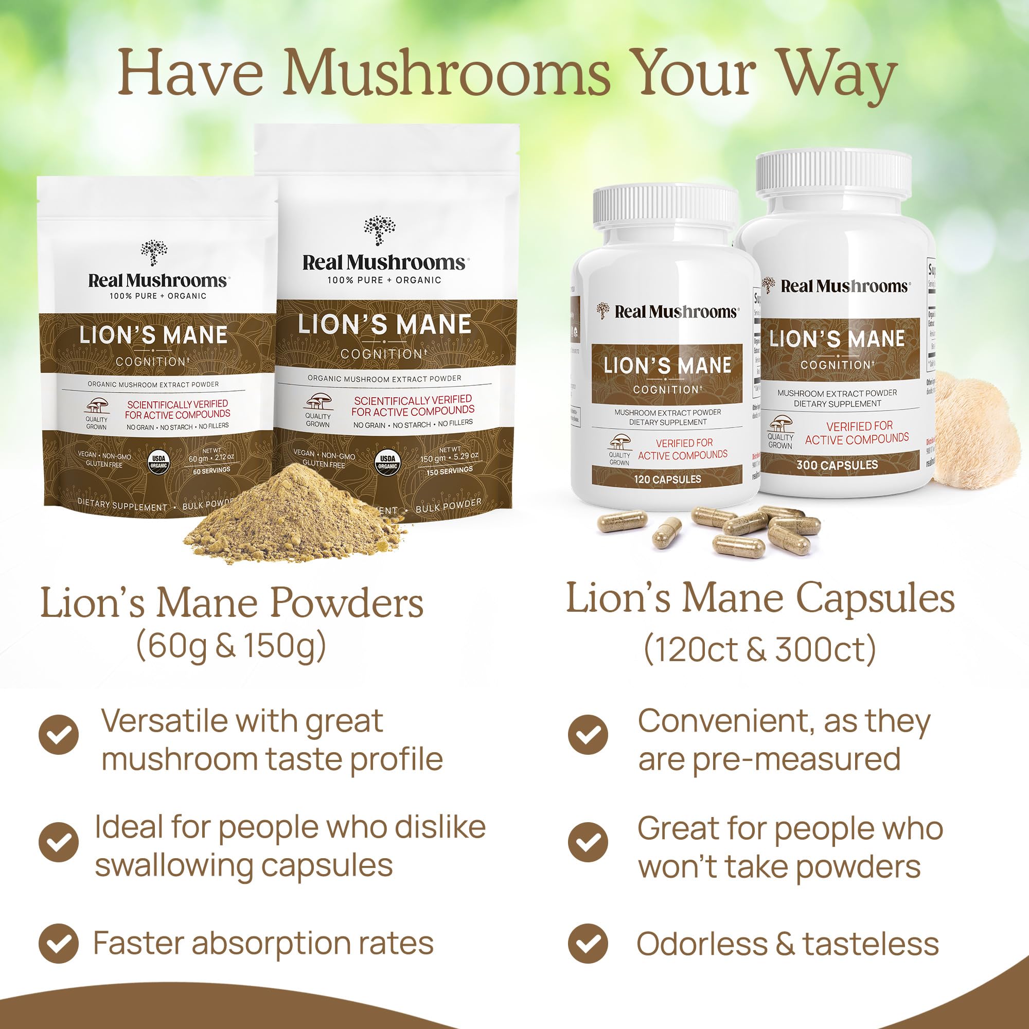 Real Mushrooms display showing Lions Mane powders and organic lions mane mushroom capsules bottles with capsules and benefit text