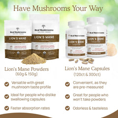 Real Mushrooms display showing Lions Mane powders and organic lions mane mushroom capsules bottles with capsules and benefit text