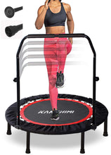 Black mini trampoline with handle and round red-trim jumping surface, folding indoor use