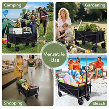 Black folding garden cart with fabric body and side pockets, shown with four wheels