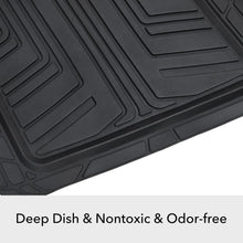 Black rubber floor mat surface with deep grooves, ridges, and raised channels