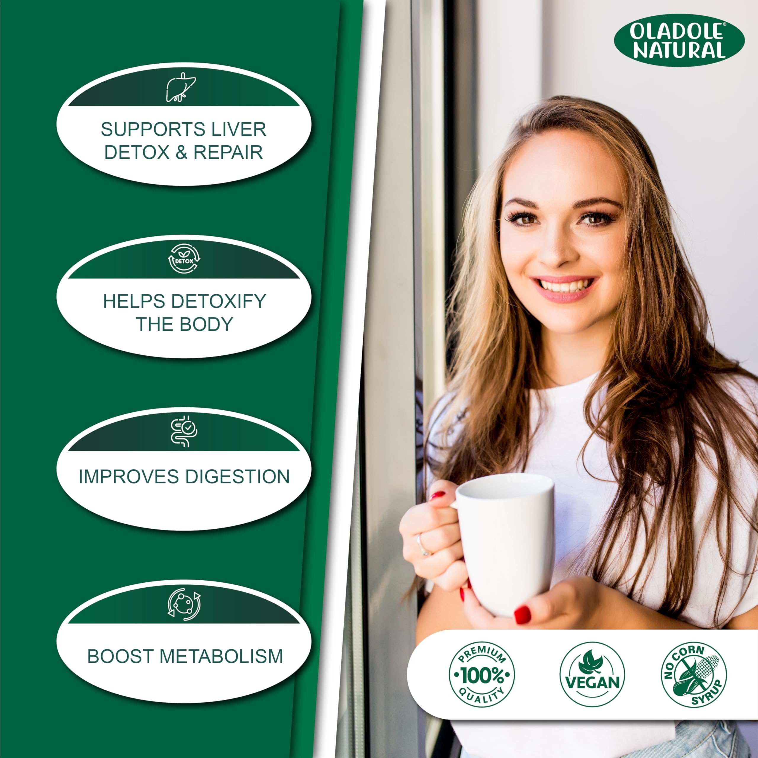 Oladole Natural TUDCA capsules 500mg product banner showing smiling woman holding a mug and liver detox benefits listed