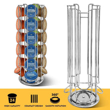 Rotating coffee capsule holder stand, silver wire rack with empty slots