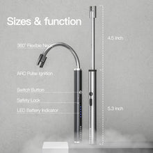 Black arc lighter with flexible neck and LED battery indicator, shown with size marks