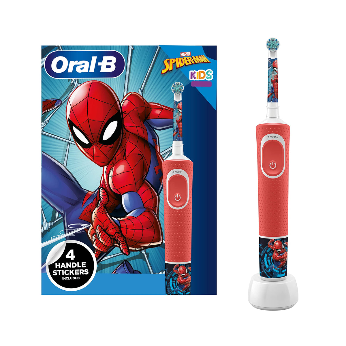 Oral-B Kids Electric Toothbrush, 1 Toothbrush Head, x4 Spiderman Stickers, 2 Modes with Kid-Friendly Sensitive Mode, For Ages 3+, 2 Pin UK Plug, Red