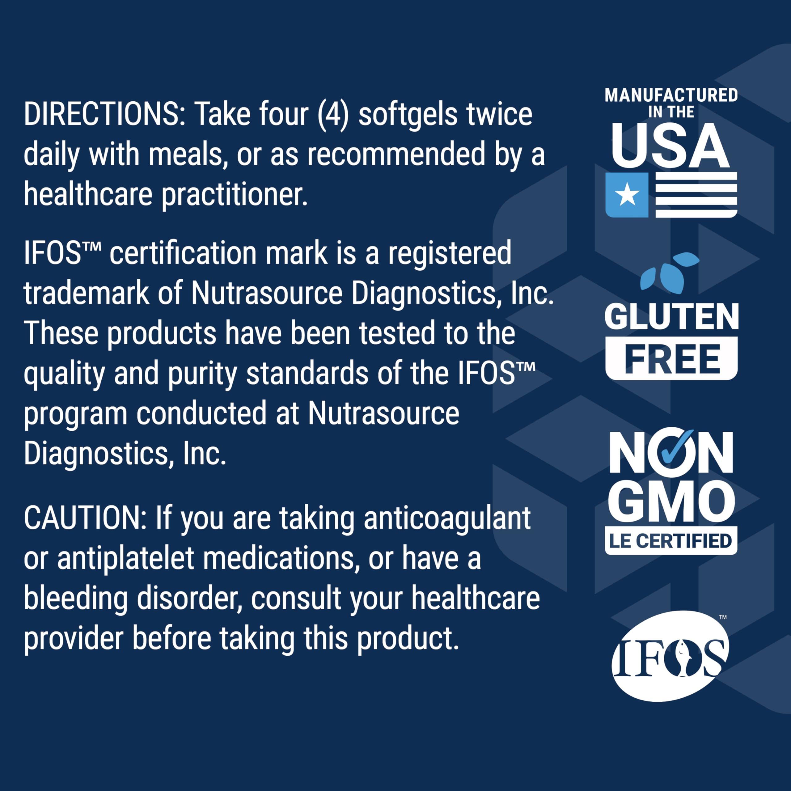 Omega-3 fish oil supplement label showing directions to take four softgels twice daily and certifications
