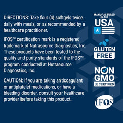 Omega-3 fish oil supplement label showing directions to take four softgels twice daily and certifications