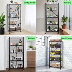 Foldable Storage Organizer 5 Tier, Storage Shelves Kitchen Cabinet Storage Rack, Shelf Storage Multipurpose Rack for Living Room Bedroom Kitchen Garage Black 71x34x175cm