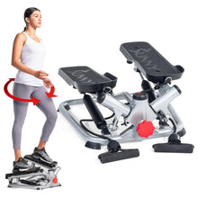 Mini exercise stepper with two pedals, silver frame, and red adjustment knob