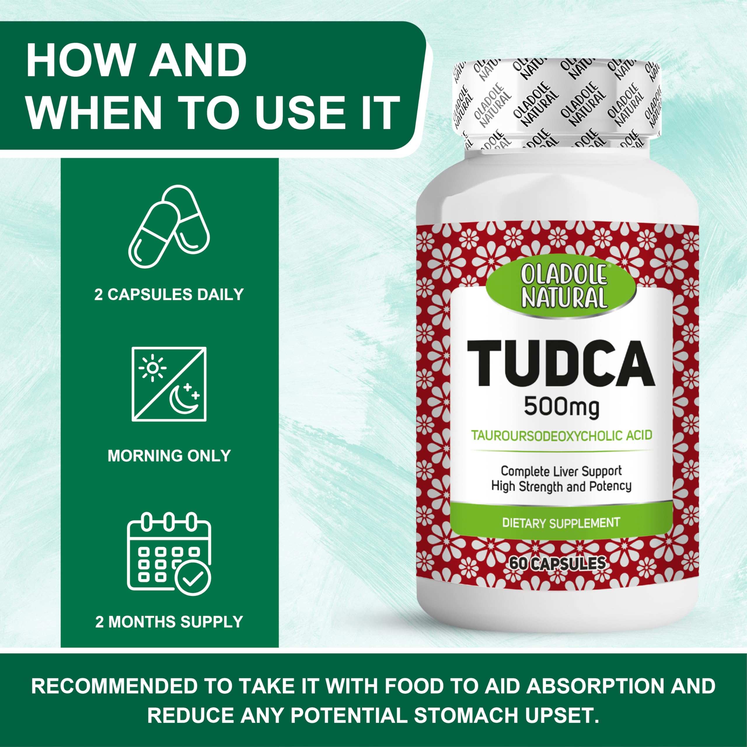 Oladole Natural TUDCA capsules 500mg. White bottle with red label showing TUDCA 500mg and dosing icons two capsules daily morning