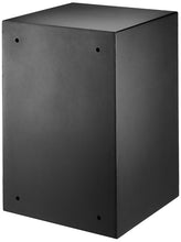 Black steel security safe cabinet with small corner mounting holes, top and front visible