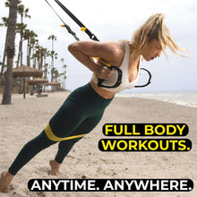 Suspension trainer harness with yellow foot straps and black handles