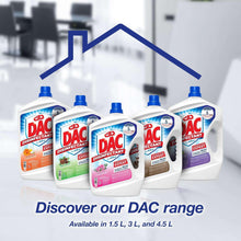 Assorted DAC disinfectant floor cleaner bottles with blue caps, front labels visible