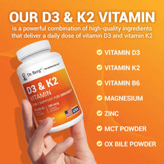 Dr Berg Nutritionals D3 and K2 vitamin bottle held on orange background with ingredients list D3 K2 vitamin supplement UAE