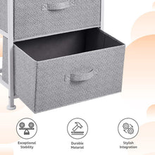 Open grey fabric drawer in a 4-drawer storage organizer with front handle