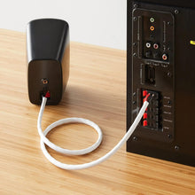 Audio speaker wire cable on speaker terminals with white jacket and red/black leads