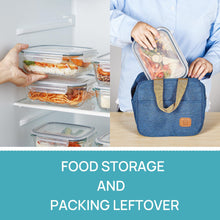 Clear glass food storage containers with snap lids, filled with assorted meal leftovers
