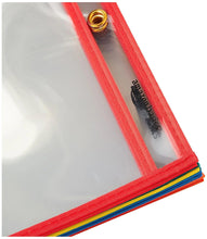 Close-up of red document pocket corner with clear window and metal grommet loop