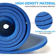 Blue yoga mat with dense foam layers and circular textured cushioning