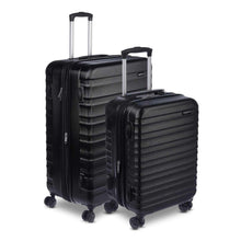 Black ABS hard-sided spinner suitcase set with nested larger and smaller cases