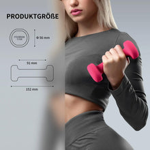 Pink neoprene dumbbell held close-up, with size dimensions shown beside the product.