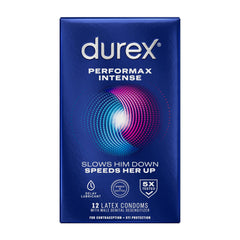Durex Performax Intense condoms UAE 12 latex condoms with delay lubricant and ribbed dotted texture in blue box