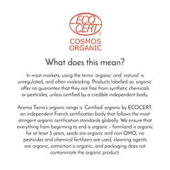 Aroma Tierra skin care label explaining ECOCERT Cosmos Organic certification for organic black seed oil for hair growth