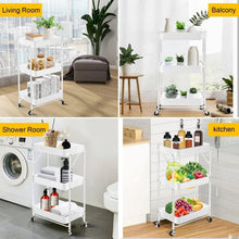 White 3-tier rolling cart shown in multiple rooms on caster wheels