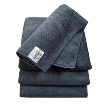 Grey microfiber cloth stack, folded with Softspun logo label