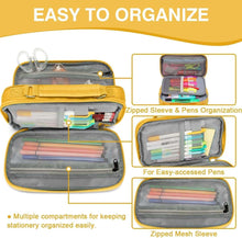 Yellow pencil case open with zippered mesh sleeve and pen organizer sections