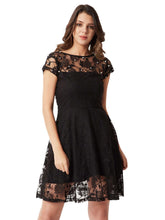 Black lace bodycon knee-length dress with short sleeves and lace overlay skirt
