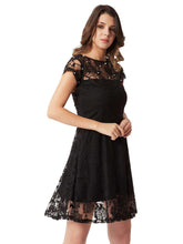 Black lace bodycon knee-length dress with cap sleeves and scalloped hem