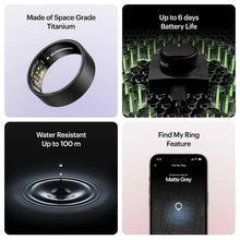Matte black smart ring with features tiles and phone display for tracking