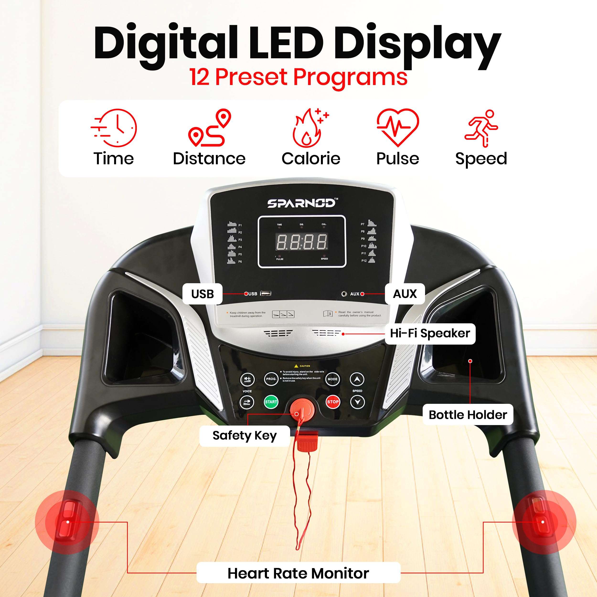 Sparnod Fitness STH-1200 Foldable Motorized Treadmill for Home Use (4 HP Peak) with 12 Pre-set Programs, Hi-Fi Speaker, Safety Key, Maximum User Weight of 110 Kg, جهاز مشي قابل للطي