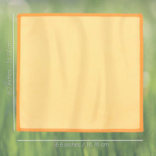 Yellow rectangular cleaning cloth with orange stitched border, double-sided microfiber