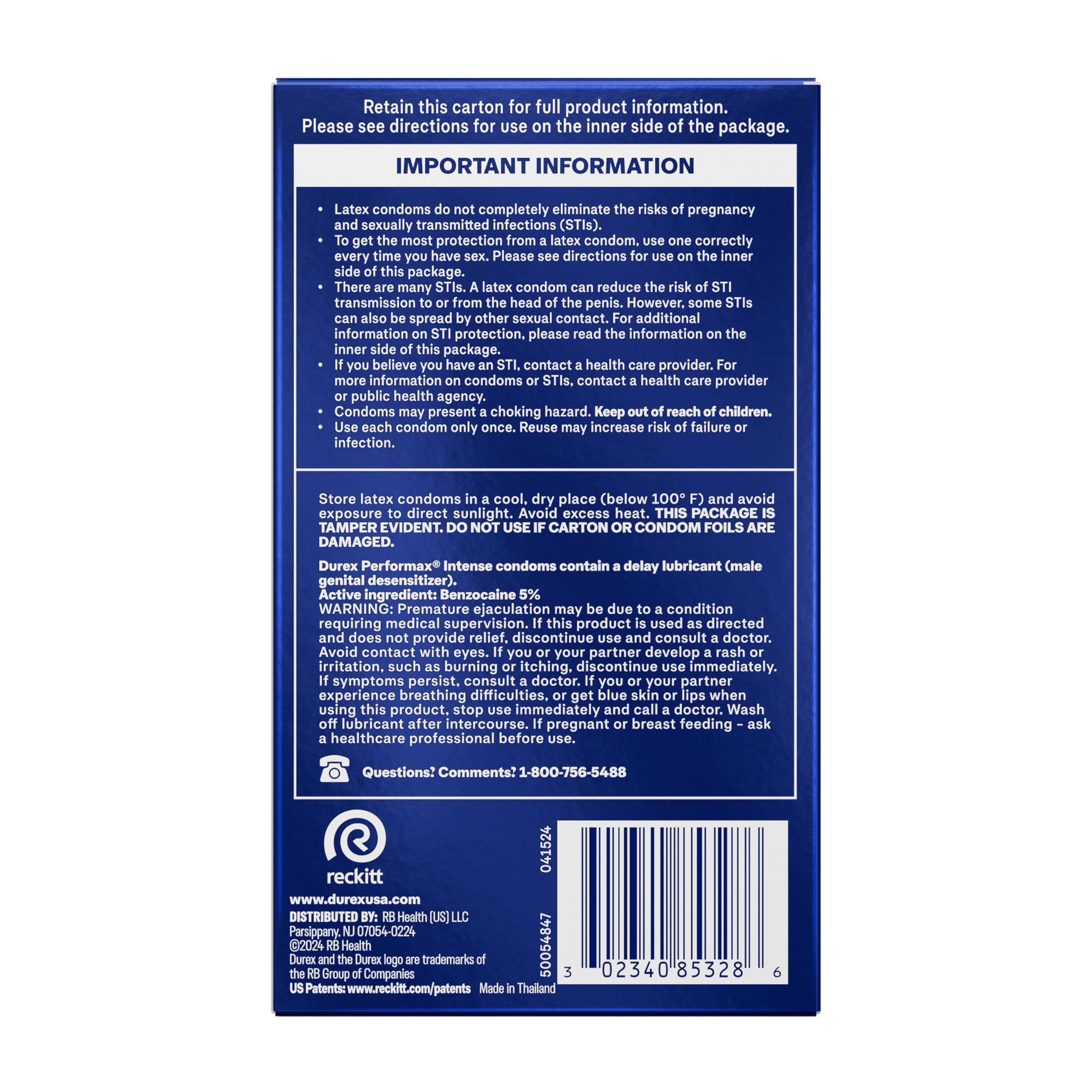 Back of blue Durex Performax Intense condoms UAE box showing important product information text and barcode