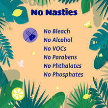 Vinegar cleaner claims card reading No Nasties with no bleach, alcohol, VOCs, parabens